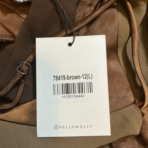 Hello Molly Satin Slip Midi Dress Brown Spaghetti Strap Slit Size 8 - Picture 6 of 7